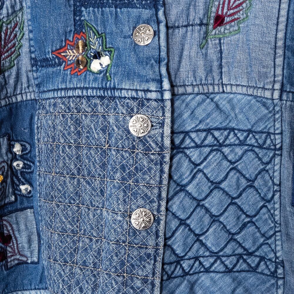 Keren Hart Blue Denim Jacket XL Embroidered Bird Patchwork Cottagecore - Picture 4 of 8
